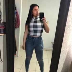 Mock Neck Buffalo Plaid Cap Sleeve Top